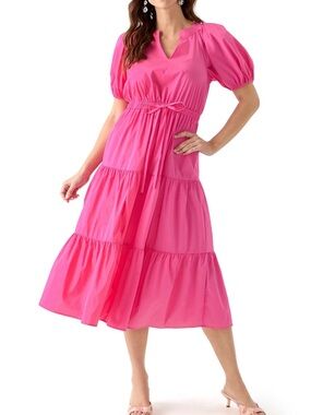 Anne Klein Pink Tiered Midi Dress w/ Puff Sleeves in Carmine Rose, Size XL, NWT